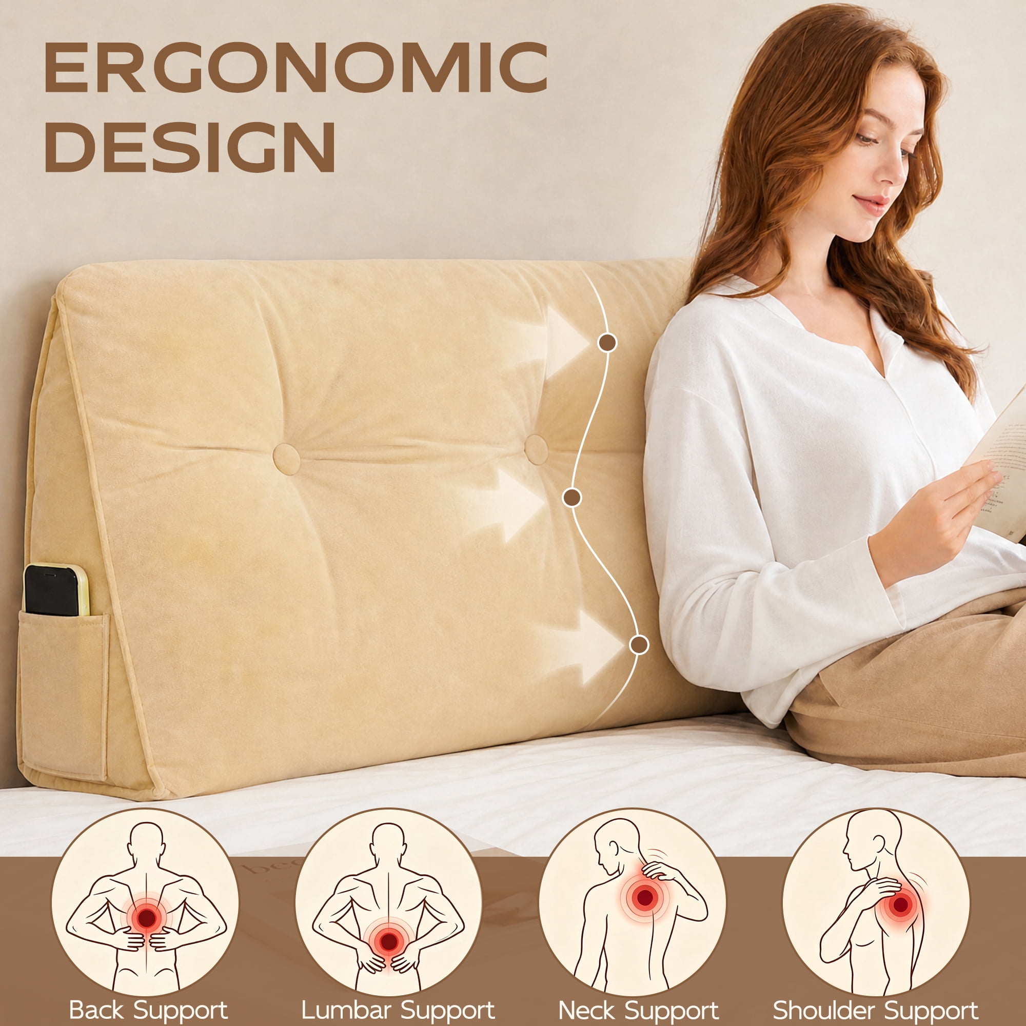 YEERSWAG® Headboard Pillow for Bed, Backrest Pillow for Sitting Up, Reading Pillow with Button Tufted Design, Bed Support Cushion for Bedroom, Twin 40 x 21 x 8 Inches, Beige