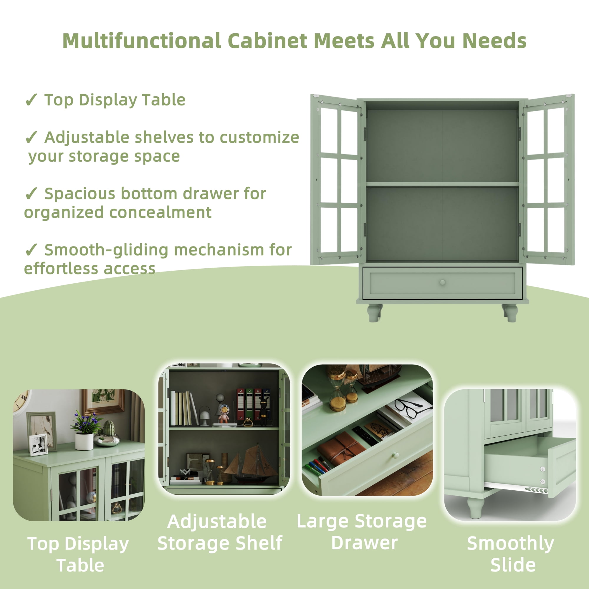 Leumius Minimalist Green Buffet Cabinet with Double Glass Doors and Drawer, Modern Wooden Storage Sideboard Cupboard for Living room Dining Room Hallway Entryway