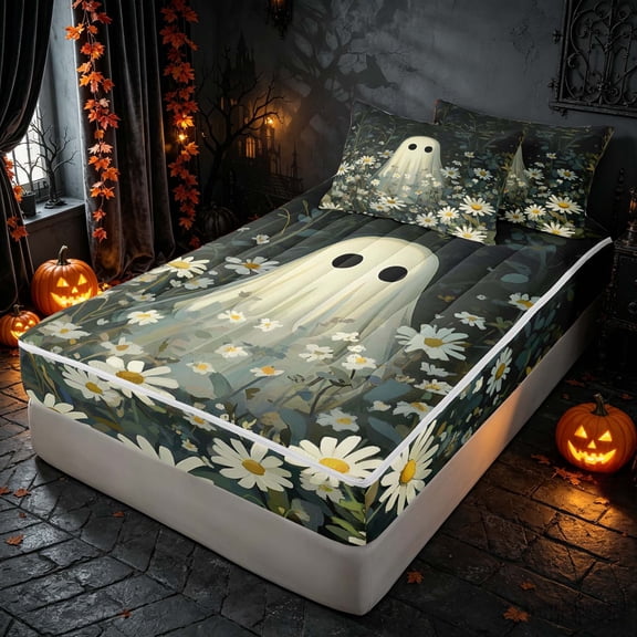 Homewish Halloween Ghost Zipper Twin Comforter Sets with Fitted Sheet and 2 Pillowcases, Daisy Flower Zipper Bedding Set, Dark Sage Off White, Black Reversible