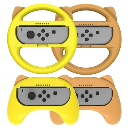 Mytrix Racing Steering Wheels Hand Grips Accessories For Nintendo Switch Joy Con with Kawaii Cat Ears - Yellow and Brown 4 Pcs