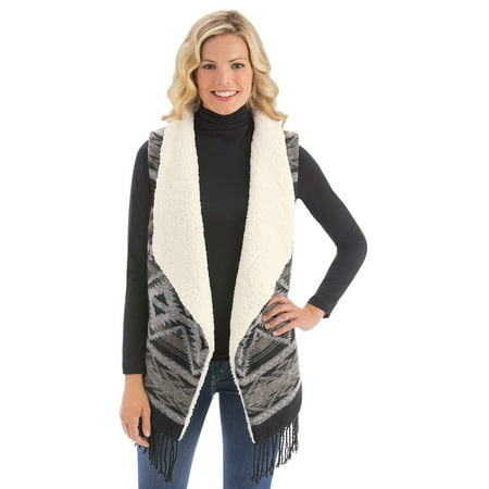 Fleece Print Vest - Women's Aztec Print Sherpa Fleece Vest with Fringe Trim, X-Large/Xx-Larg, Grey