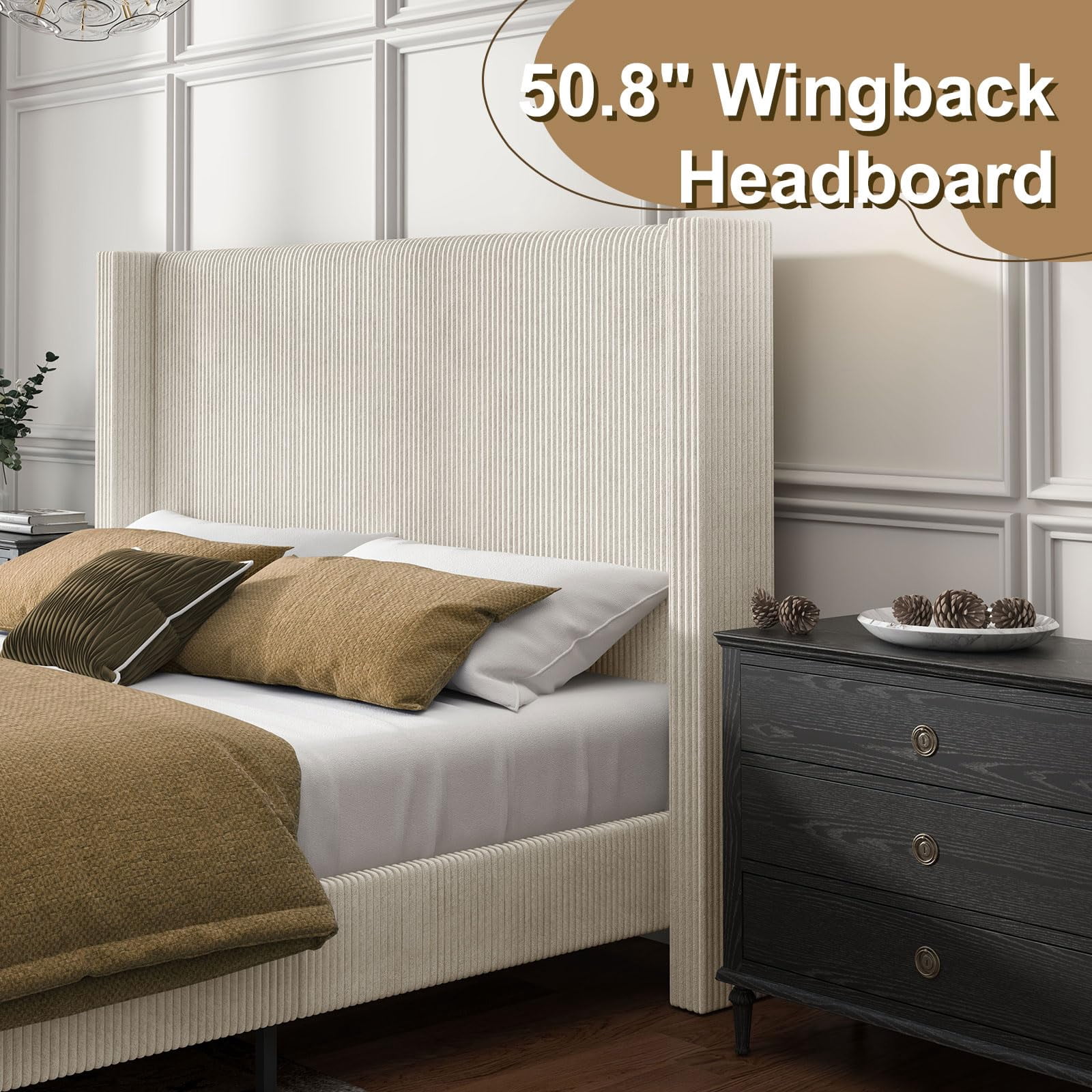 Papajet King Size Upholstered Platform Bed Frame, Wingback Bed with 50.8" Headboard, Corduroy Cream