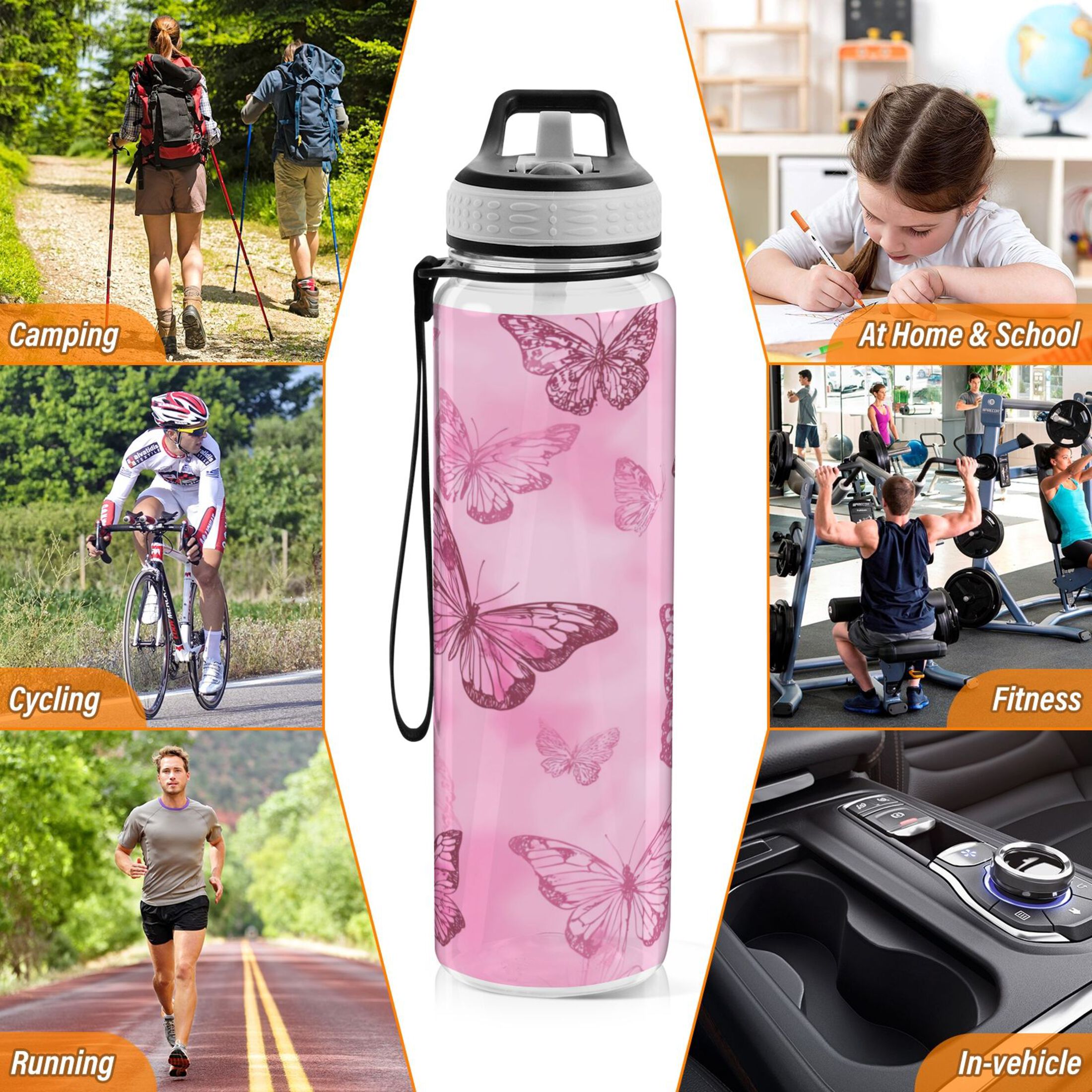 32oz Transparent Sports Water Bottle with Straw for Kids Adults Outdoor School Gym Fitness Pink Butterfly Pattern