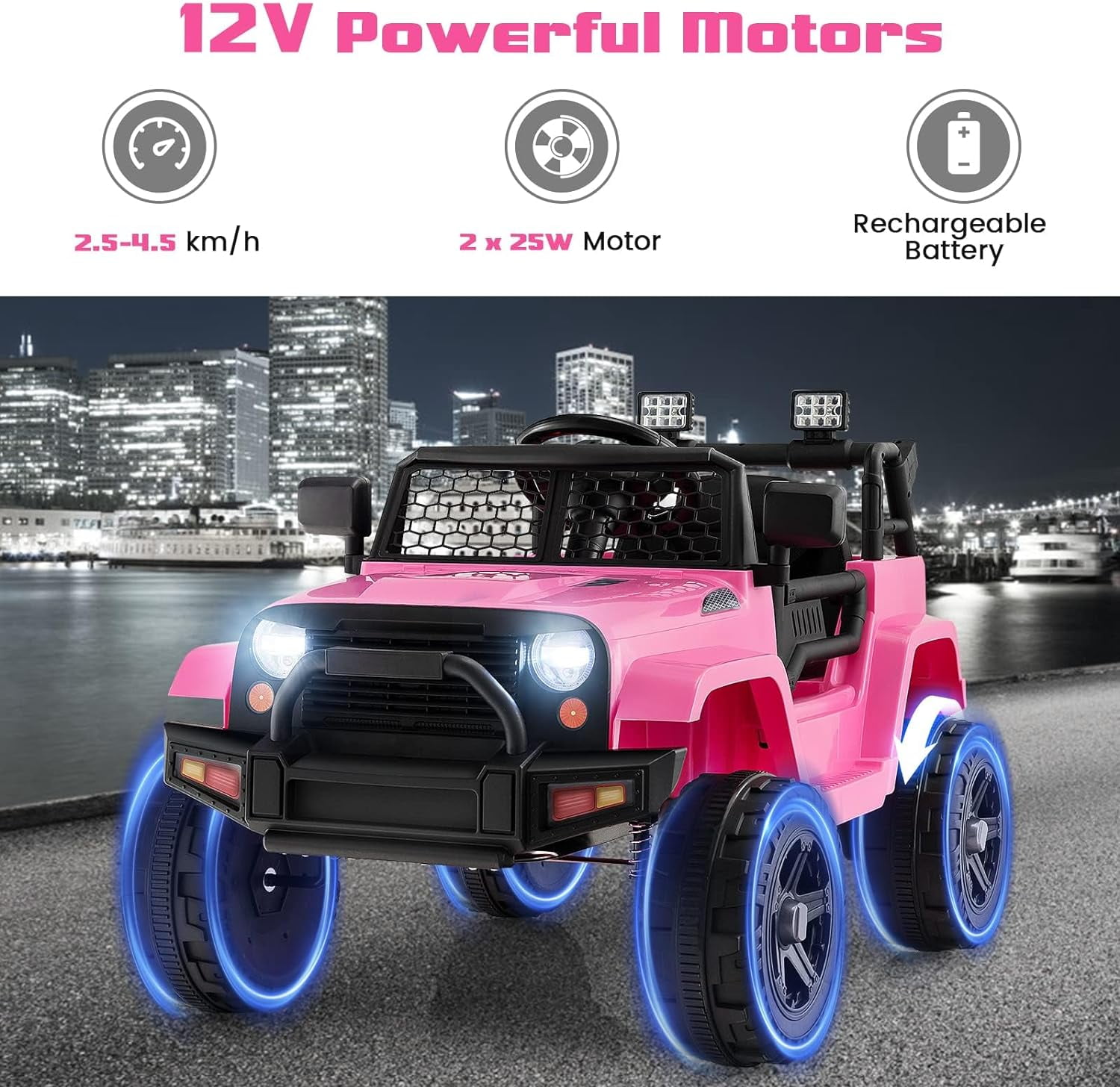 OLAKIDS Kids Ride On Truck, 12V Electric Vehicle Jeep Car with Remote Control, Toddlers Battery Powered Toy with 2 Speeds, Spring Suspension, Double Open Doors, LED Lights, Music, USB, Mp3 (Pink)