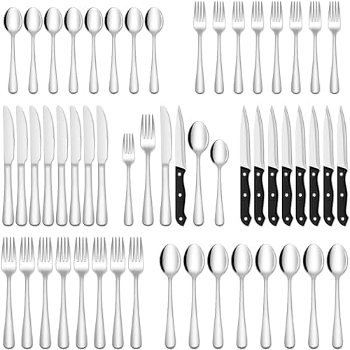 48-Piece Silverware Set With Steak Knives, Heavy Duty Stainless Steel Flatware for 8, Food-Grade Tableware Cutlery, Utensils for Home Restaurant, Mirror Finish, Dishwasher Safe
