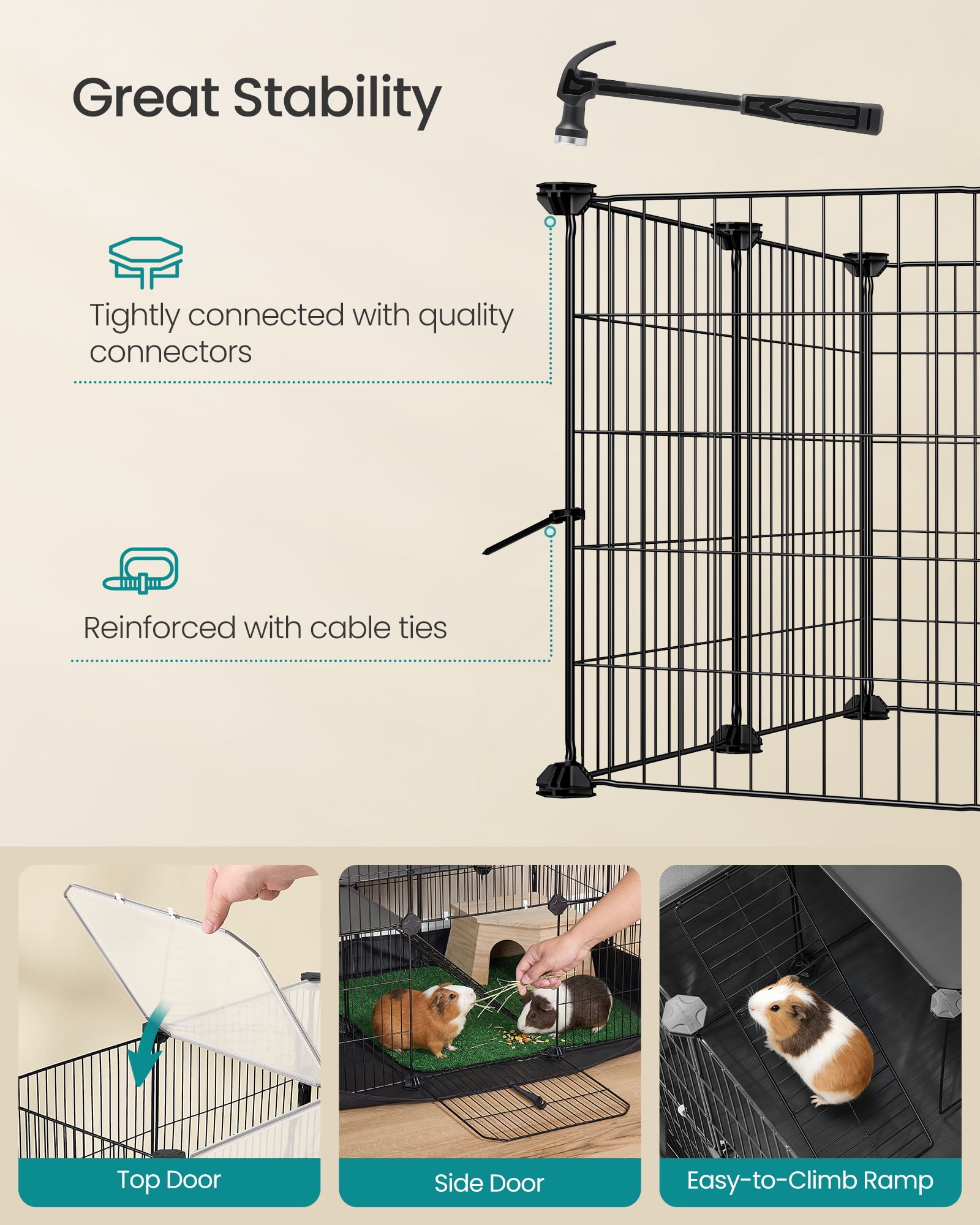 SONGMICS 2-Tier Guinea Pig Cage, Rabbit Cage, Small Animal Playpen with Waterproof Mat, Top and Side Door, 35 Panels, Ink Black