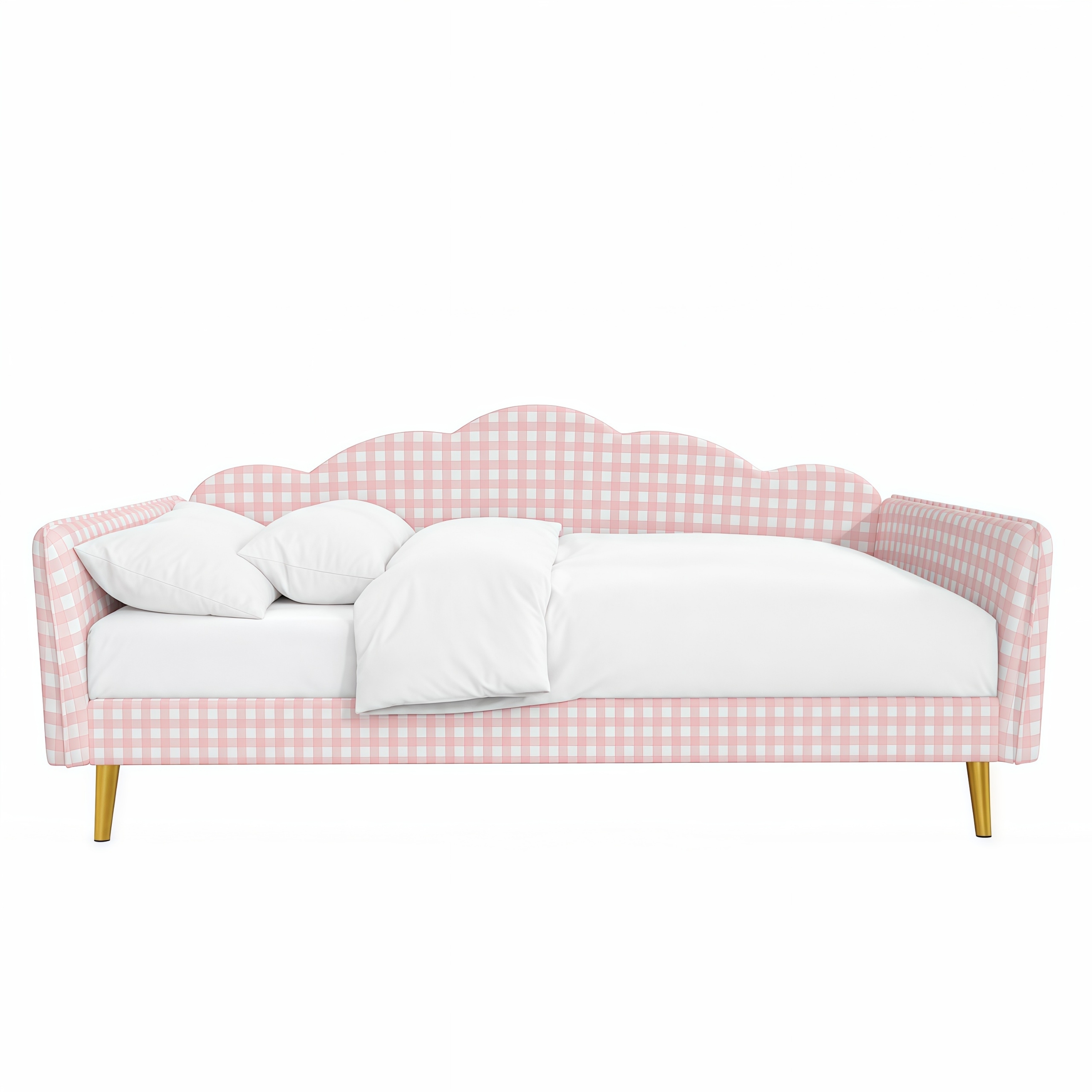 Euroco Upholstery Twin Size Daybed, Wood Sofa Platform Bed with Gingham Design and Metal Legs, No Box Spring Needed, Pink