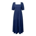 thumbnail image 4 of vigerkar Women's Summer Dresses 2025 Puff Sleeve Square Neck High Waist Smocked A-Line Flowy Loose Fit Midi Dress Navy, XL, 4 of 5