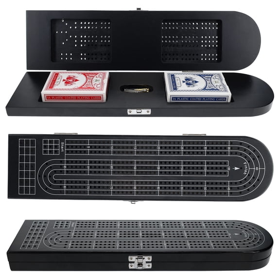 Pacific Shore Games Wooden Travel Cribbage Board Game Set, Continuous 3 Track, Black