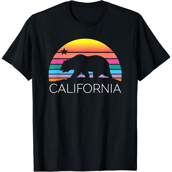 Retro California Republic Bear T-Shirt Vintage 80s Colorful Sunset Graphic Tee Men Women Unisex West Coast State Pride Souvenir Apparel