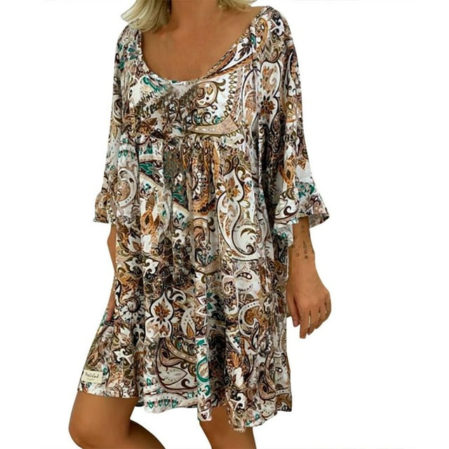 Femmes Dames Lâches Grande Taille Imprimer Manches Longues V Cou Mini Robe