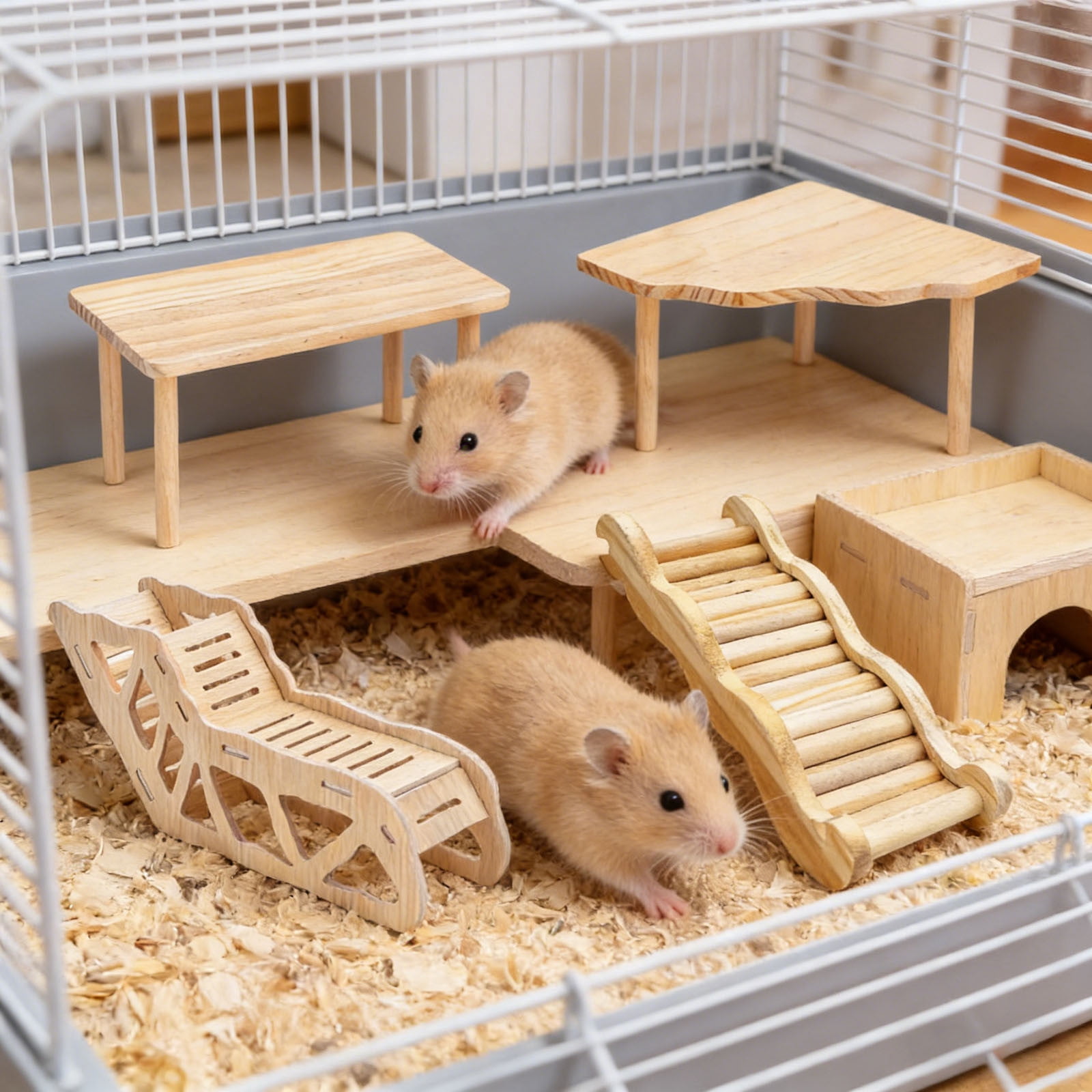 Hamster Playground Wooden Cage Set with Ladder Tunnel Shelter for Gerbils Mice Small Animals Squirrels Indoor Interactive Toy 4PCS