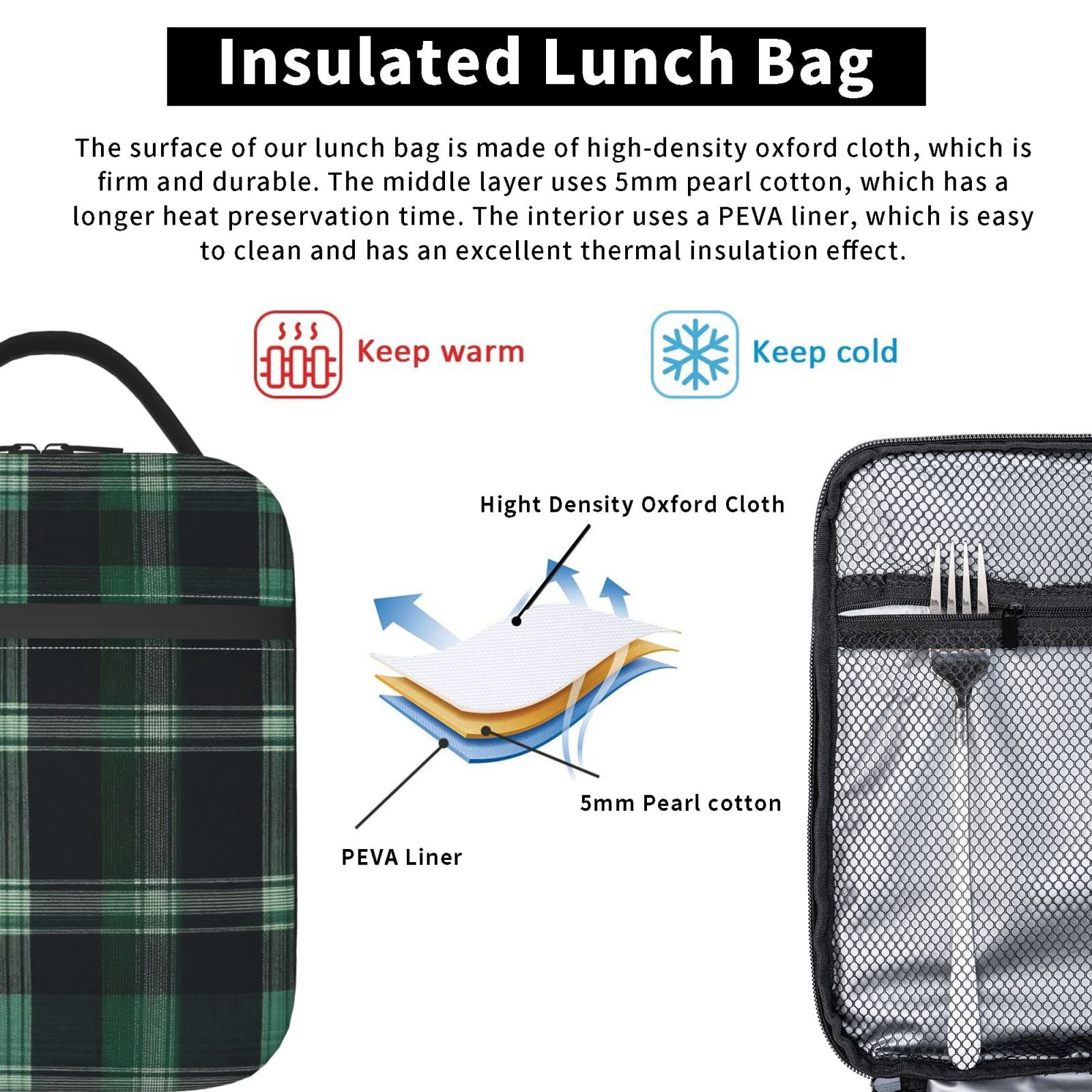 Lunch Bag For Women Men Insulated Portable Lunch Box Bento Box Office Picnic Travel Cooler Bag Green Buffalo Plaid Check Tartan Scotland_1