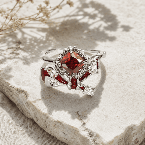 Adjustable Red CZ Bow Ring for Women, Silver Tone Copper Open Band Ring