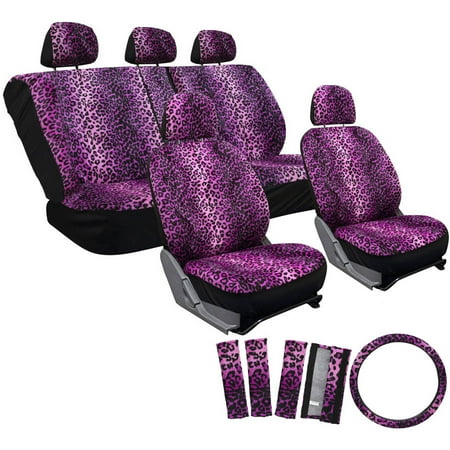 Rear Bucket - OxGord 17-Piece Set Leopard Animal Print Auto Seat Covers Set, Front Low Back Buckets, Rear Split Bench, Purple