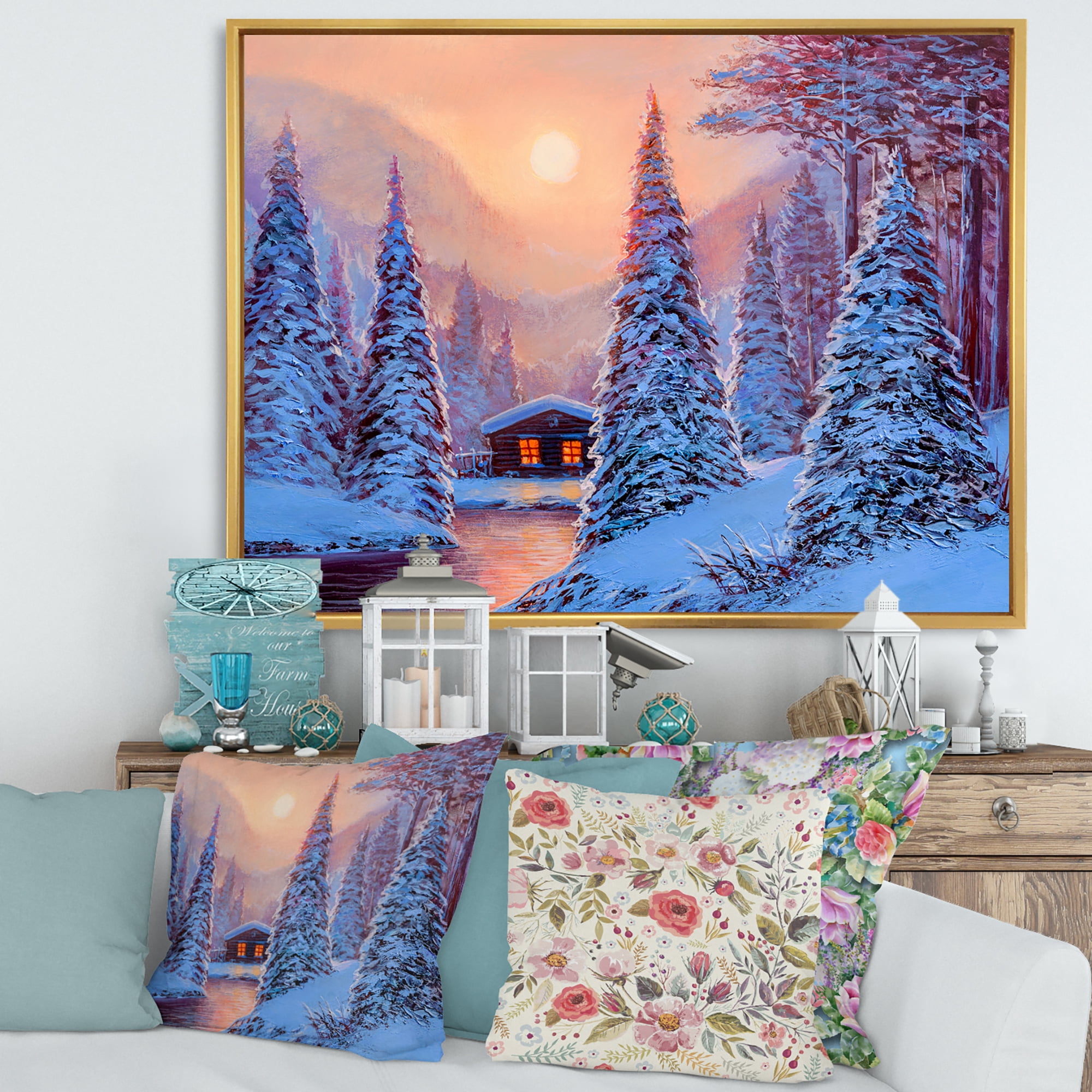 Designart 'The River House In The Woods and Winter Landscape I' Lake House Framed Canvas Wall Art Print