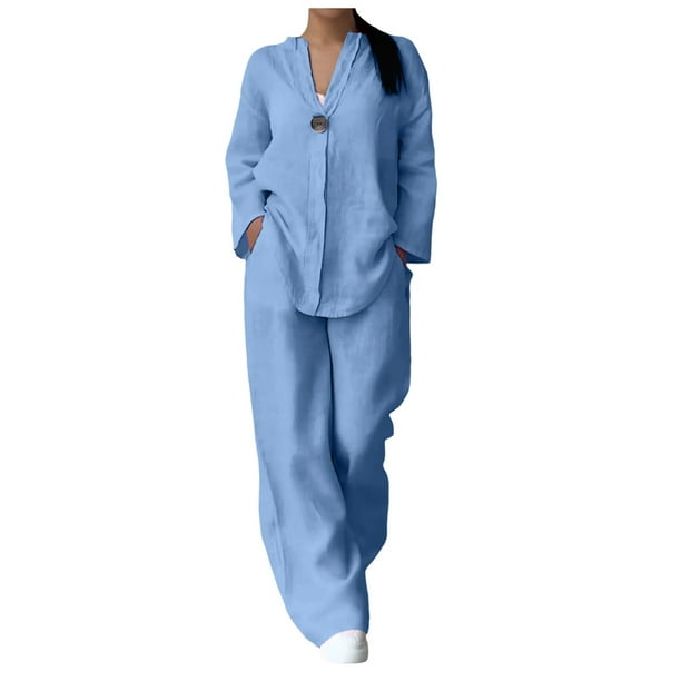 Conjunto informal de dos piezas para mujer: camisa de manga larga y pantalones de cintura alta - Camisa de color liso con botones, pantalones holgados con bolsillos, tallas S-XXL para todas las oca