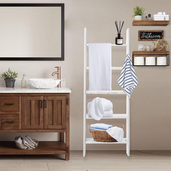 Blanket Ladders for The Living Room, 5-Tier Blanket Holder, Wall-Leaning Blanket Rack, Ladder Shelves, Wooden Quilt Ladder, Farmhouse Decor, White