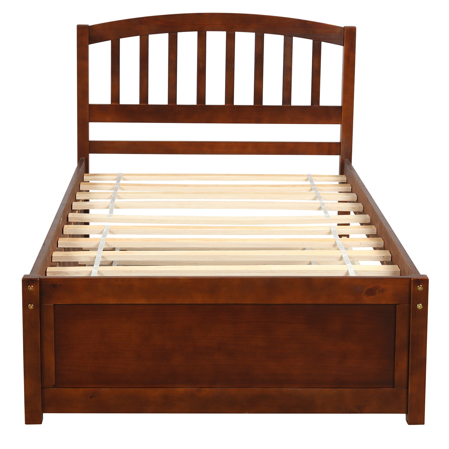 Holaki Twin Size Wood Bed with Trundle and Slatted Headboard for Kids, Walnut