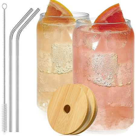 

2pcs Transparent Can Glass Cups with Bamboo Lids and Stainless Steel Straw 500ml Large Thick Drinking Glasses Set Can Shaped Beer Glasses Dishwasher Safe for Cold Drink Juice Coffee Cocktail Whiskey