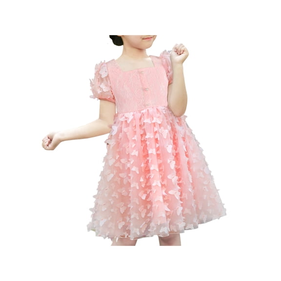 Girls Dress 3D Butterfly Pink Lace Top Sweet Square Collar Short Sleeve 5 Years