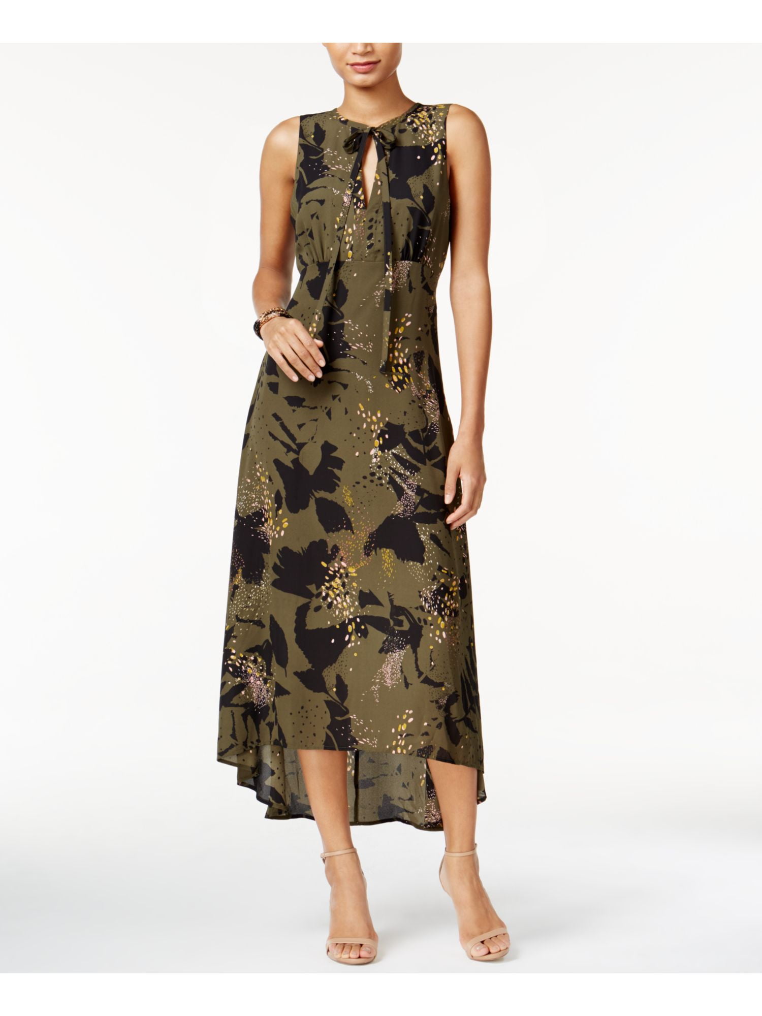 Bar III BAR III Womens Green Tie Printed Sleeveless Jewel Neck Maxi