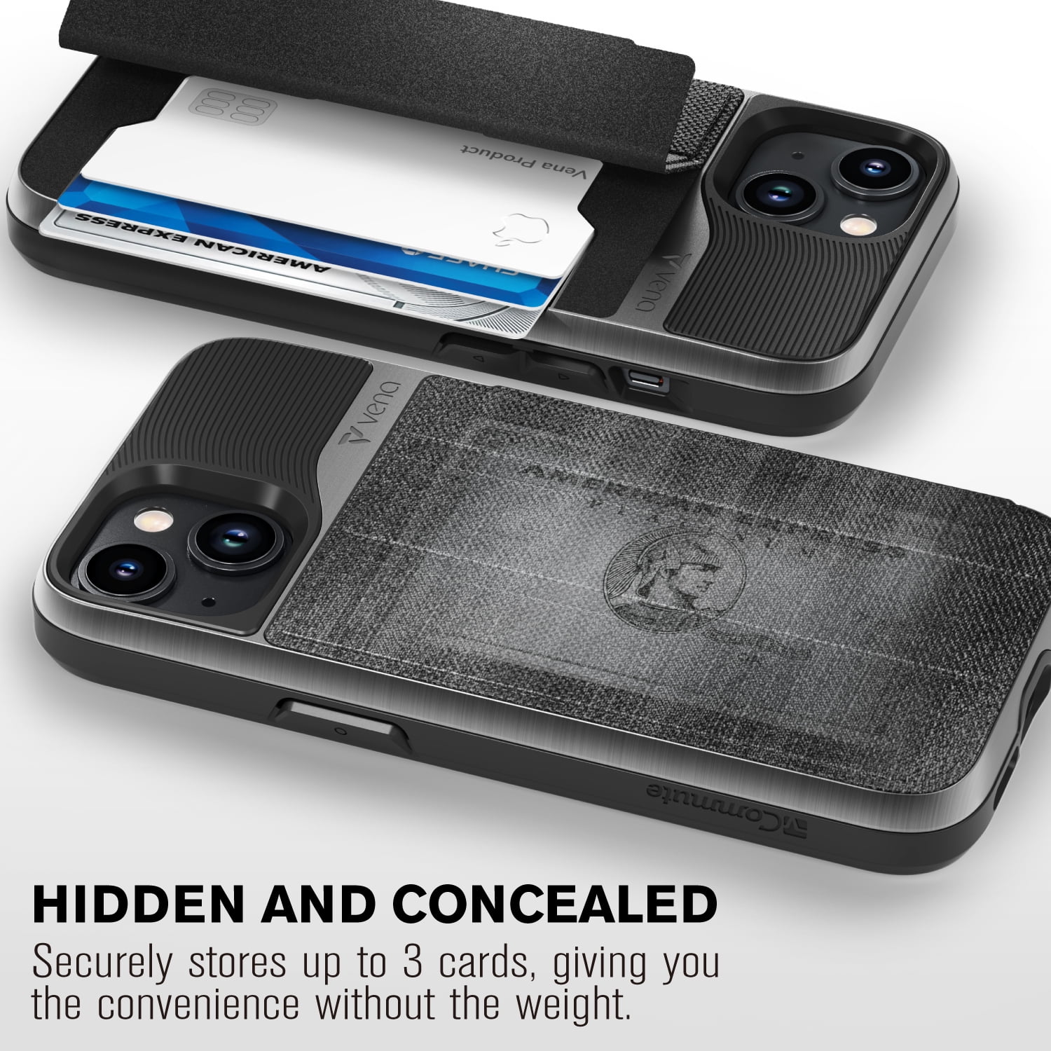 VENA vCommute Wallet Case Compatible with Apple iPhone 15 (6.1"), (Military Grade Drop Protection) Flip Leather Cover Card Slot Holder with Kickstand - Slate Black
