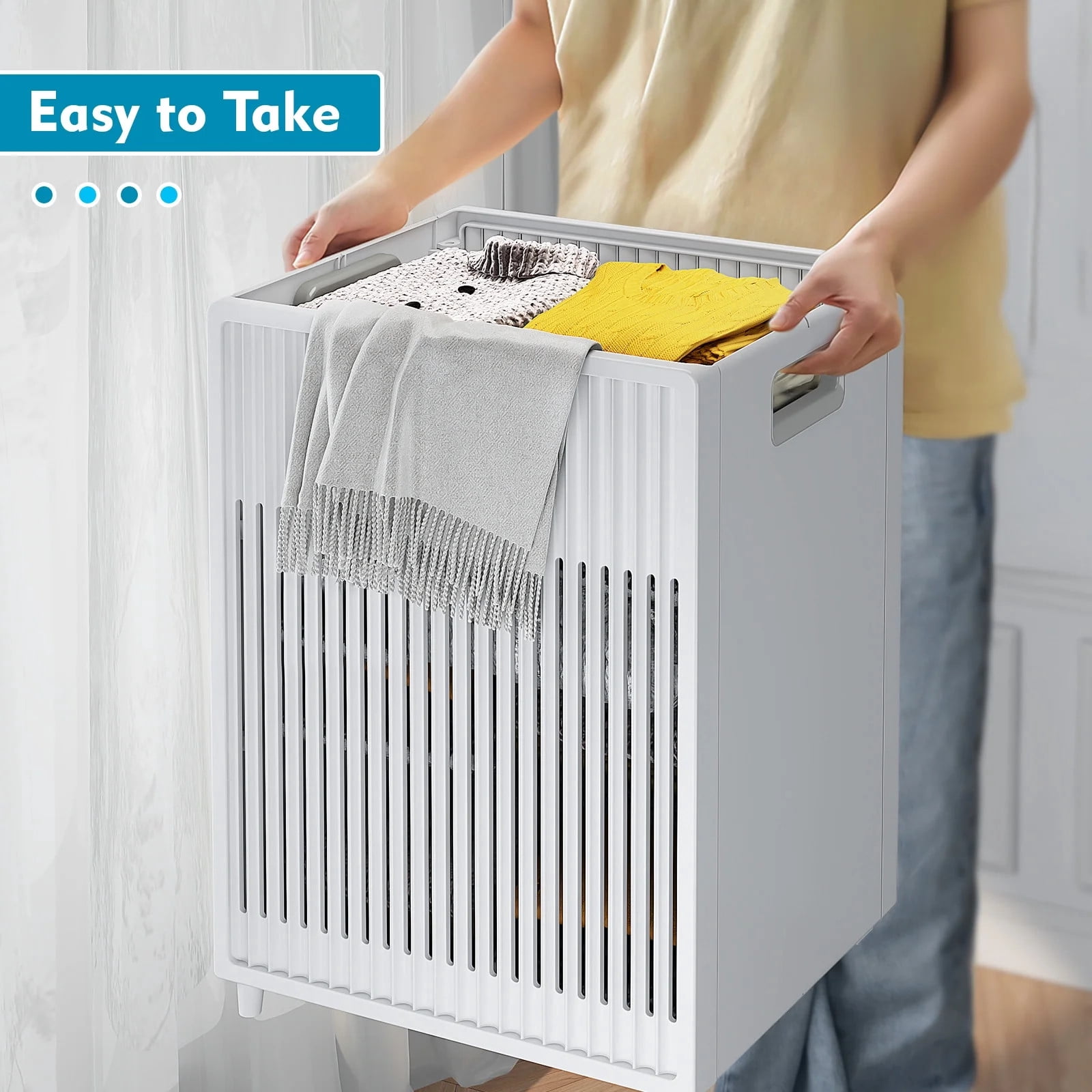 TEAFIRST Laundry Hamper Basket, Foldable Sturdy & Handy Clothes Hampers,Collapsible, White, 40L