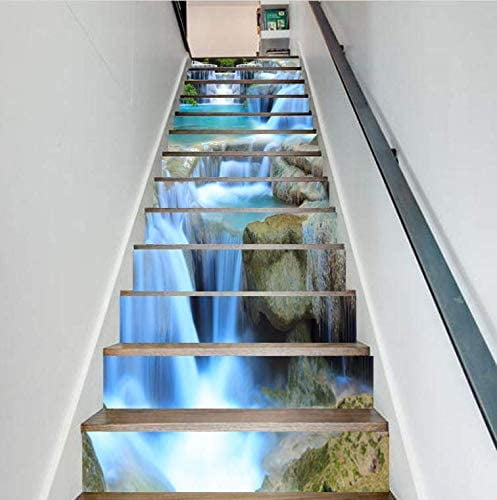 3D Stair Stickers - Landscape wall stickers steps decorative stickers, Removable Tile Decals for Stair Risers - Peel and Stick, Waterfall Design, 39.3Inch x 7.08Inch x 13Pcs