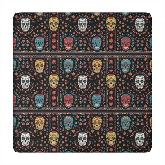 Colorful Skull Flower Pattern Square Fitted Tablecloth with Elastic Edge,Square Table Cover,Washable Elastic Table Cover for Home Kitchen Party Decor 34"x34"