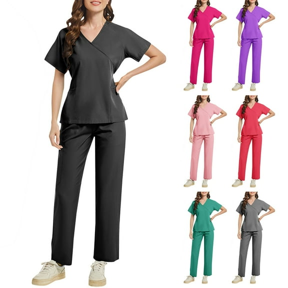Minjewel Women's V-Neck Back Tie Short Sleeve Scrubs for Women Set with Pockets, Adjustable & Comfortable Scrub Set for Medical Staff,Black L