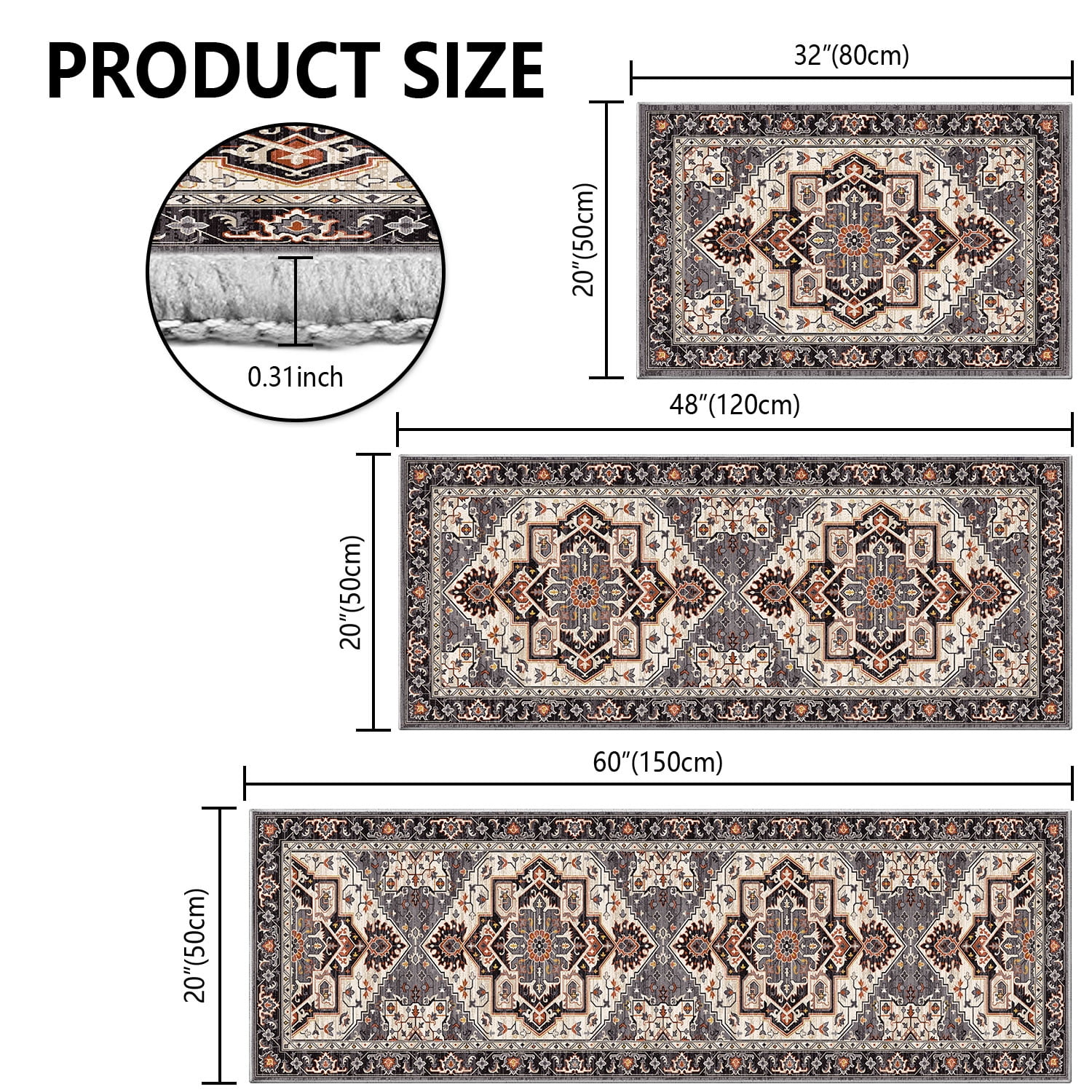 TECHVIDA Kitchen Rugs 3 Piece Set,Non Slip Machine Washable Kitchen Mats,Boho Vintage Abstract Kitchen Carpet for Farmhouse Living Room Hallway