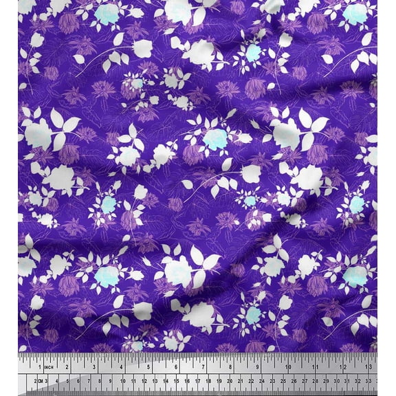 Soimoi Blue Cotton Duck Fabric Monstera Leaves & Floral Printed Fabric 1 Yard 42 Inch Wide