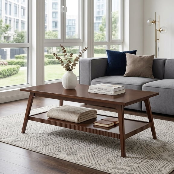 Mid-Century Modern Solid Wood Coffee Table with Storage Shelf - Walnut Finish