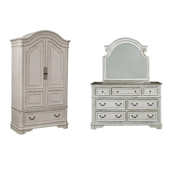 2 Piece Vinage Distressed Armoire and Dresser Mirror Set in White