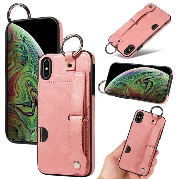 for iPhone XS Max Wallet Case with Card Holder, Hand Wrist Strap Loop Holder Kickstand, Finger Grip Ring PU Leather Double Buttons Shockproof Soft TPU Cover for iPhone XS Max, Pink