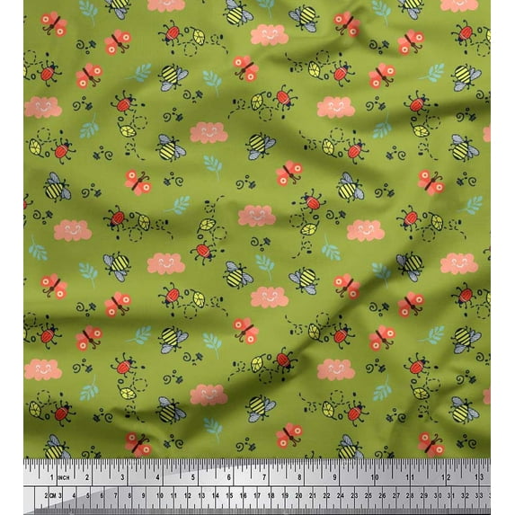Soimoi Green Rayon Crepe Fabric Honey Bee & Bettle Bee Insects Print Fabric by The Yard 46 Inch Wide