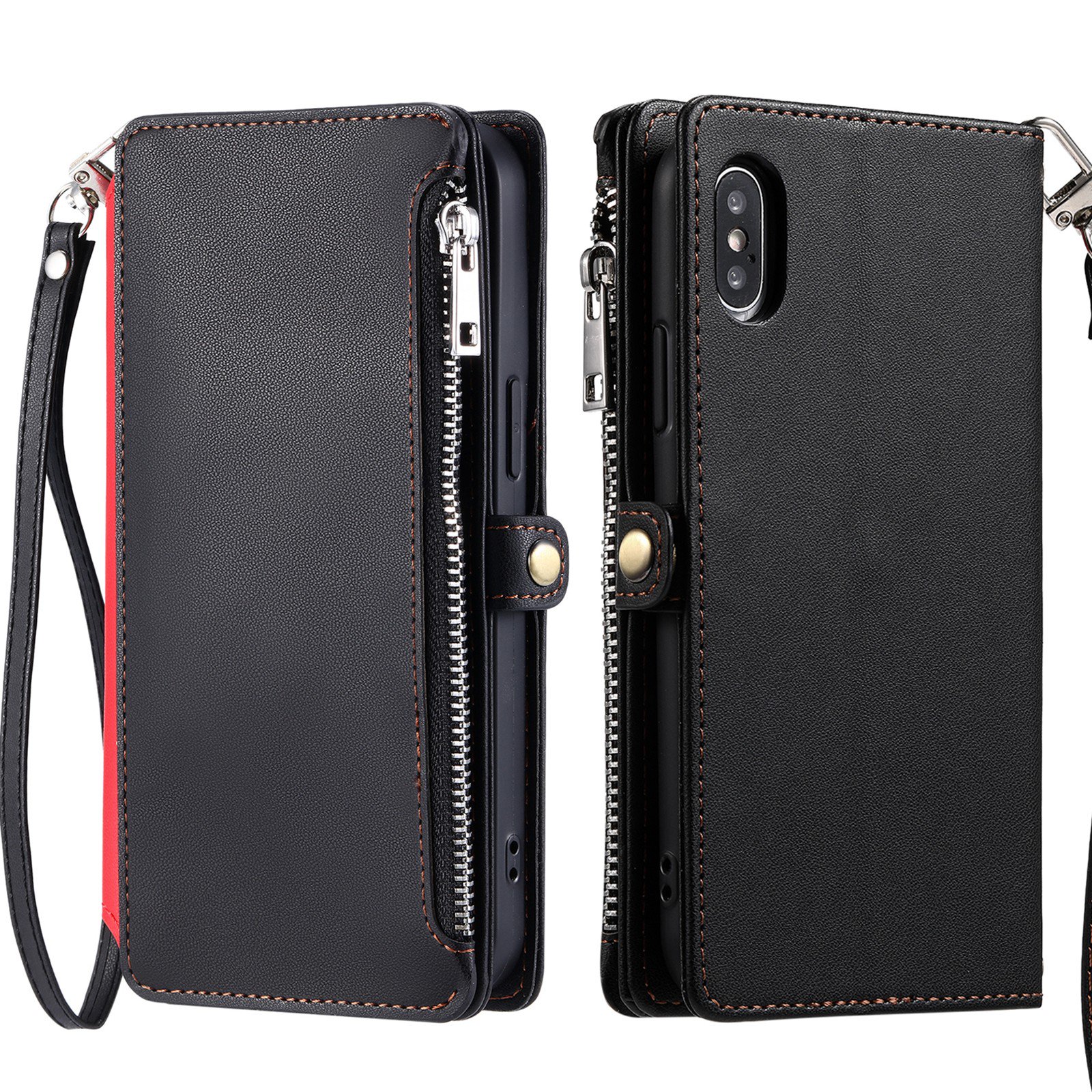 ELEHOLD for iPhone XS MAX Case, Full Body Protection Crossbody Flip Zipper Credit Card Slot Wallet Case Kickstand Shockproof Leather Case with Shoulder Strap and Wrist Strap, Black