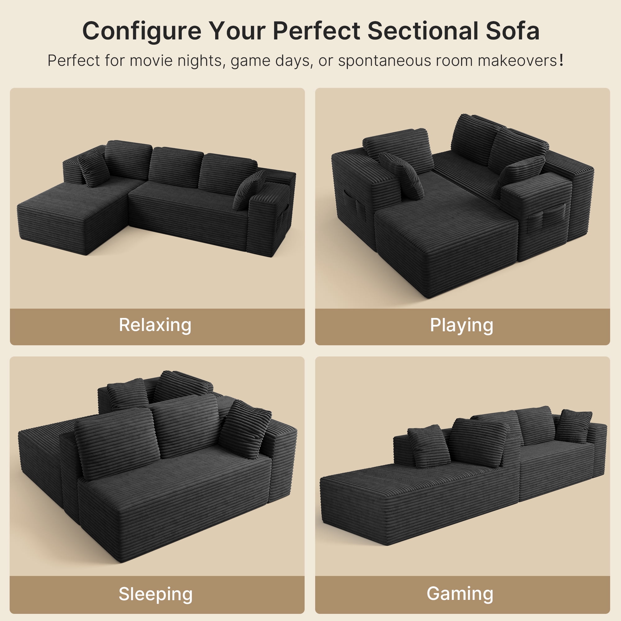 Sofa, Lofka 105" Free Assembly L-Shaped Sectional with Pet Friendly Corduroy Fabric, Black for Living Room/Apartment