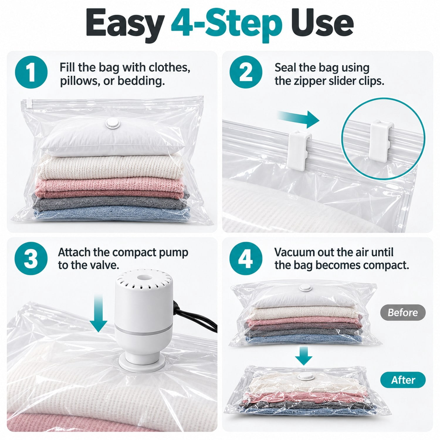Vacuum Storage Bags, 15 Pack Space Saver Seal Bag(3 Jumbo/3 Large/3 Medium/3 Small/3 Roll), Compression Airtight Zipper Space Bags with Electric Pump, for Cloth, Bedding, Blanket, Pillow, Travel