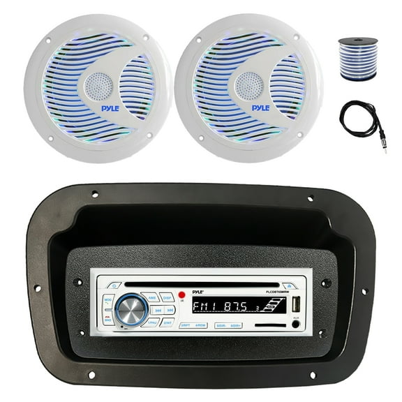 Pyle PLCDBT65 Single DIN Bluetooth Marine CD Stereo Receiver, Spa bezel, Adapter Plate, 22" Radio Antenna, Wire, 2x 6.5'' 150 Watt Max Dual Cone Multicolor LED Audio Speakers (White) w/Remote