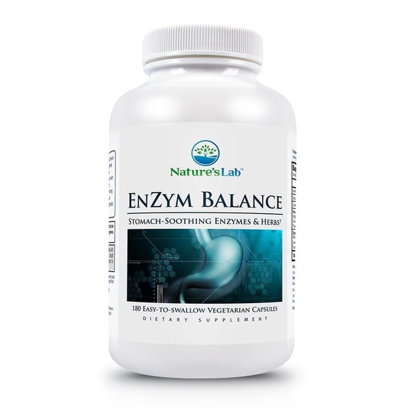 Nature's Lab Enzym Balance - 180 Capsules (6 Month Supply) - 16 Digestive Enzymes with Aloe, Turmeric, Ginger, Oregano - Ease Gas, Bloating & Constipation*