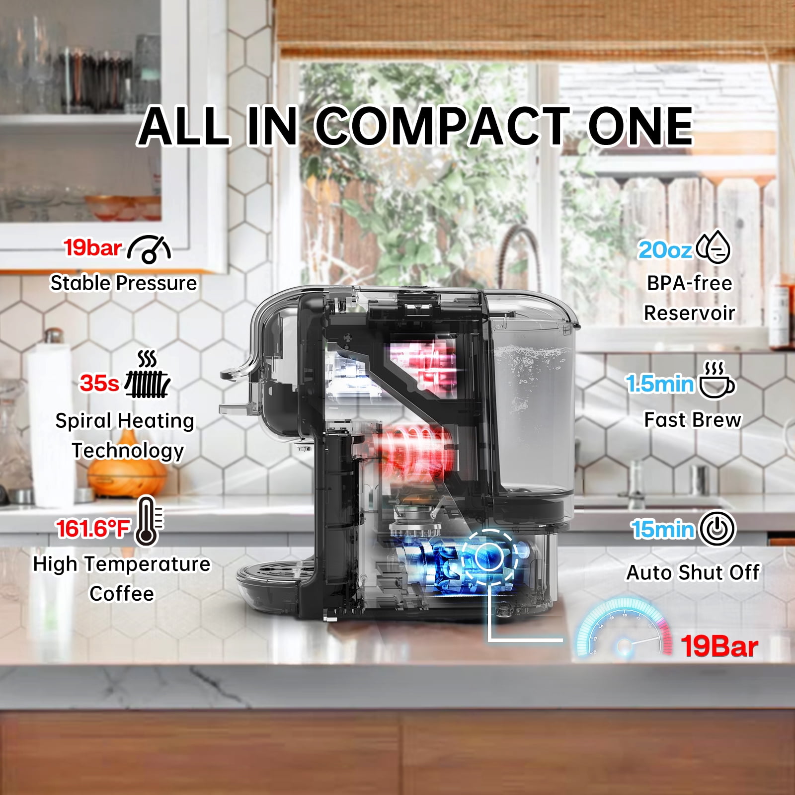 HiBREW 5-in-1 Expresso Machines for Home, Compact Coffee Machine for Pods, Capsules & Espresso Powder H2B