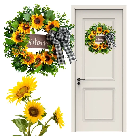 17 Inch Sunflower Wreath With Welcome Artificial For Front Door Wall Front Porch