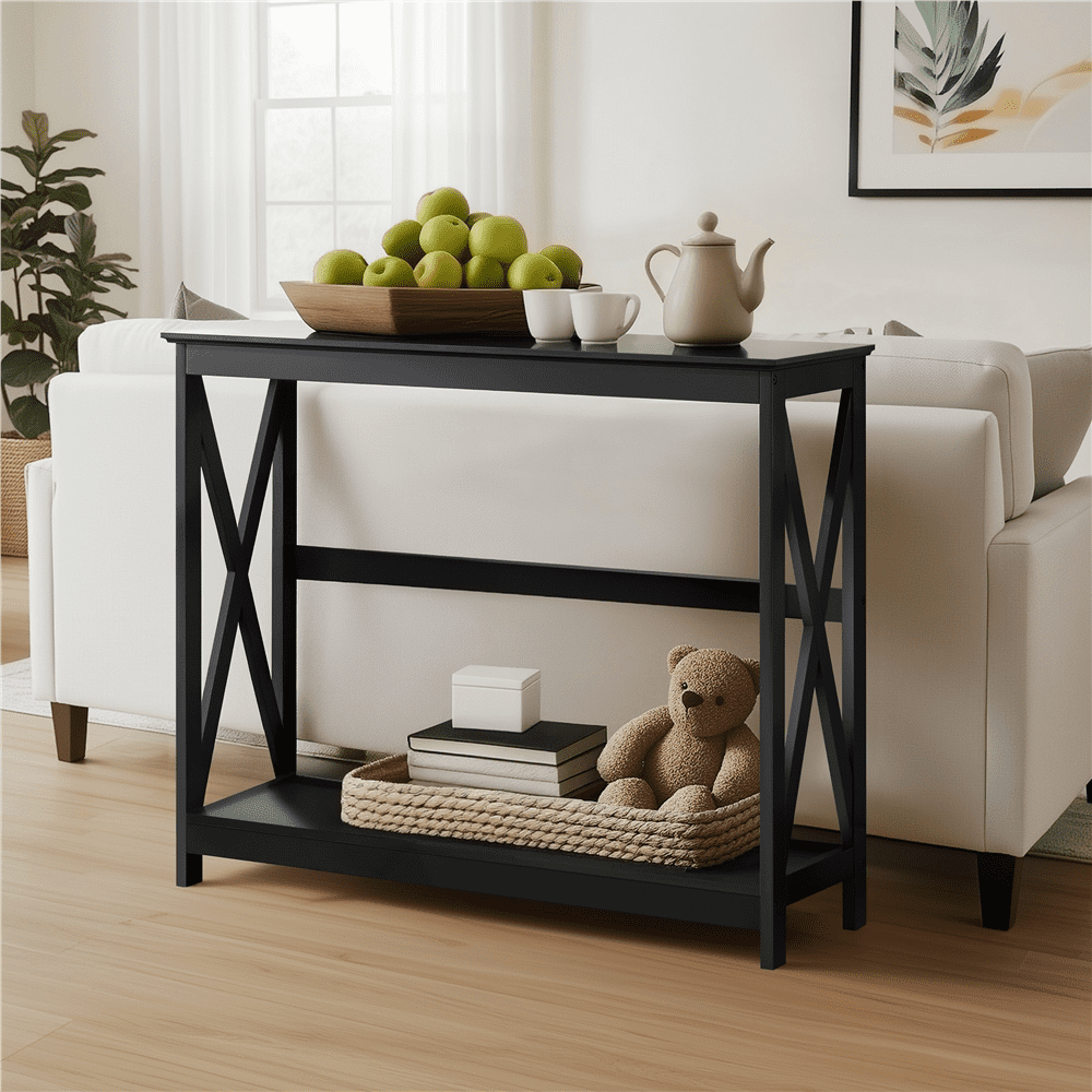 Yaheetech 2 Tier X Design Entryway Console Table with Storage Shelf Living Room, Black