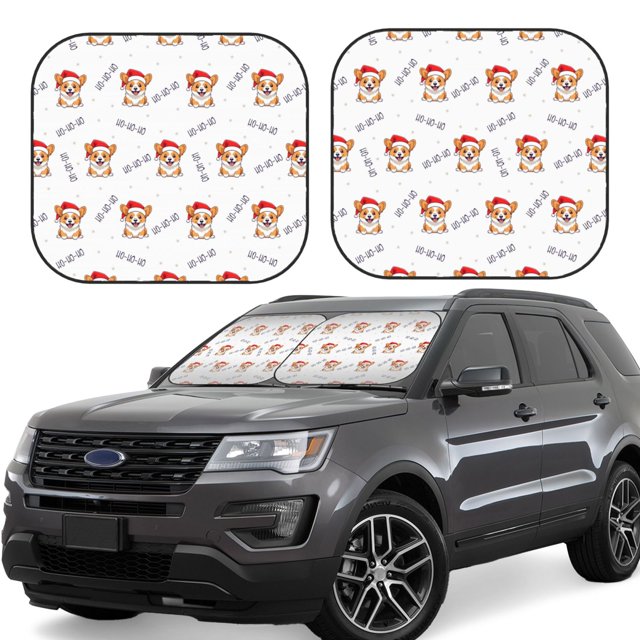 Vsdgher Corgi With Santa Claus Hat Print Car Windshield Sun Shade, Reflective Sunshade Window Sunshade Sun Visor Protector Fit for Cars,Trucks,SUVs-Small