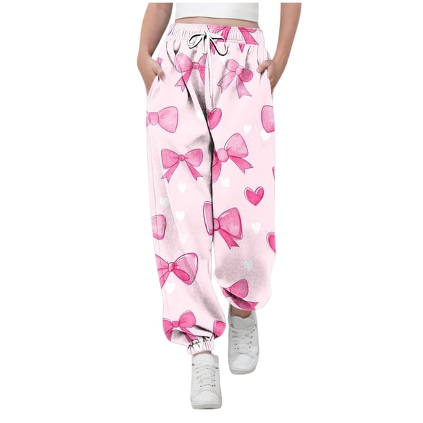 Pantalones largos para niños y niñas con estampado de cintura elástica y cordón con bolsillo, pantalones largos de cintura alta, pantalones de algodón para niña