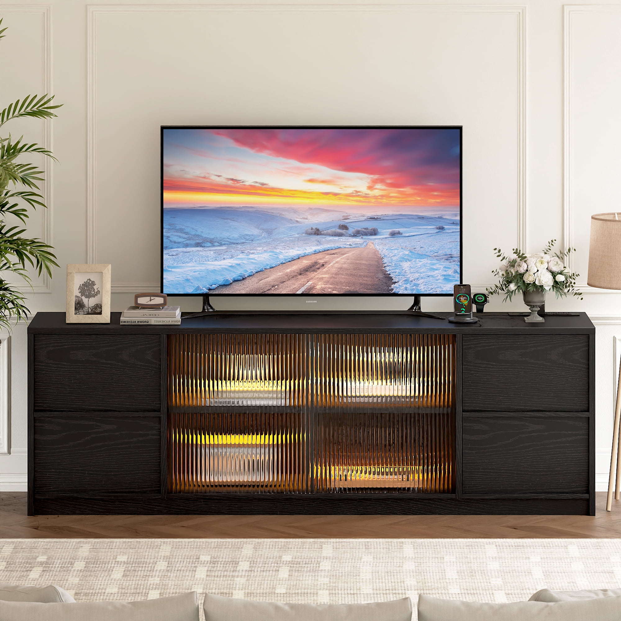 GUNAITO TV Stand for TVs up to 75", Big TV Stand for Living Room with 4 Drawers and LED Lights, Entertainment Center with Storage, Black