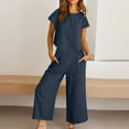 thumbnail image 3 of REORIAFEE Travel Outfits for Women Spring Outfits Casual Women's Summer 2 Piece Lounge Matching Sets Outfits Linen Round Neck Short Sleeve Tops Long Pants Tracksuits Suit Navy S, 3 of 5