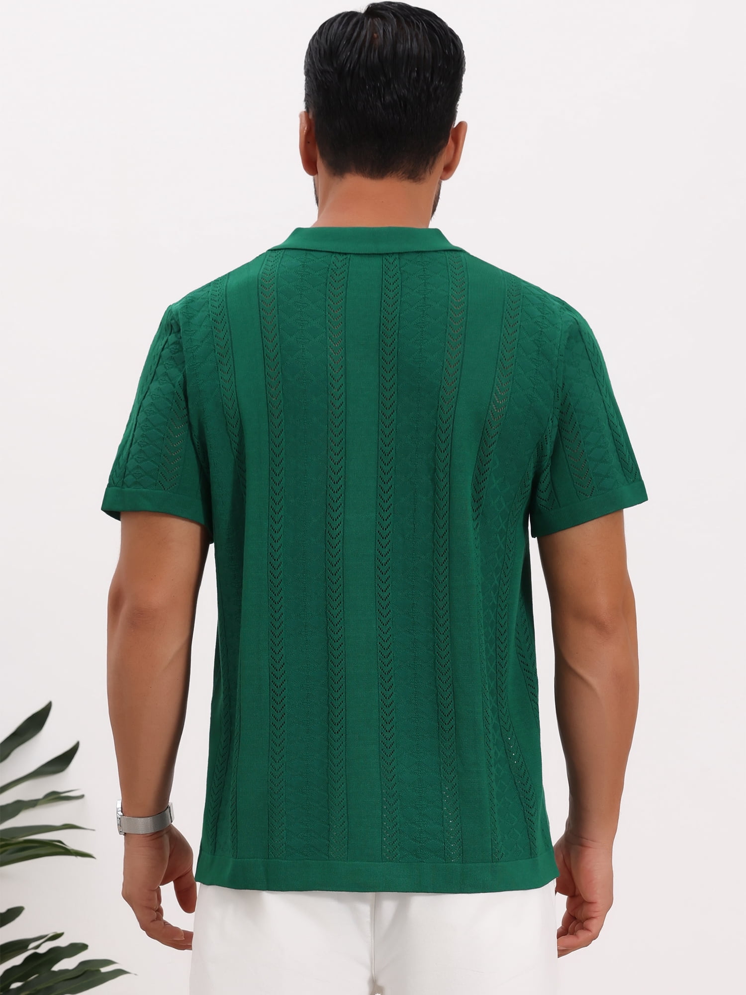 DARING DIVA Men's Hollow Knitted Shirt Short Sleeve Button Down Striped Shirts M Green